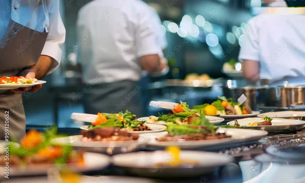 A chef meticulously plating a gourmet dish in a high-end restaurant, each element placed with precision. Video A chef meticulously plating a gourmet dish in a high-end restaurant, each element placed with precision. Video
