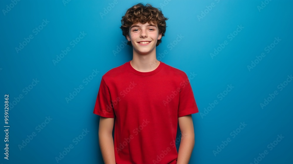 Curly-haired teen boy with friendly smile wearing red t-shirt against blue background, copy space Curly-haired teen boy with friendly smile wearing red t-shirt against blue background, copy space