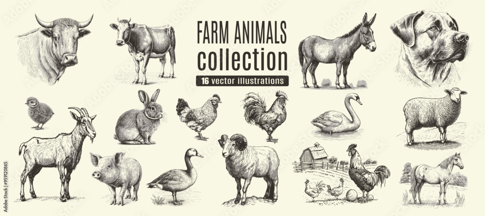 Obraz premium Rural meadow or countryside farm set. A village landscape with cows, goats and lamb, hills and a farm.