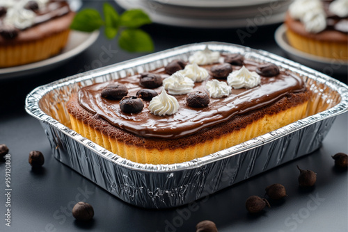 Disposable aluminum food container trays used for baking cakes. The trays are oven-safe, providing a convenient and reliable option for baking, with even heat distribution and easy cleanup.