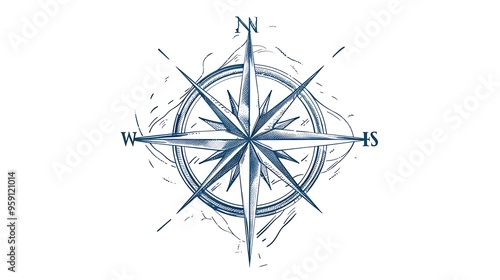 Detailed compass rose line illustration isolated on solid white background. 32k, full ultra HD, high resolution