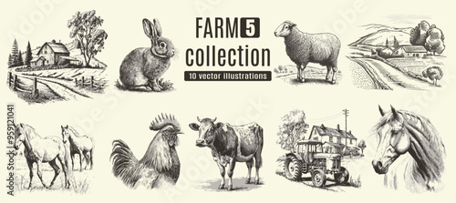 Rural meadow or countryside farm set. A village landscape with cows, goats and lamb, hills and a farm.