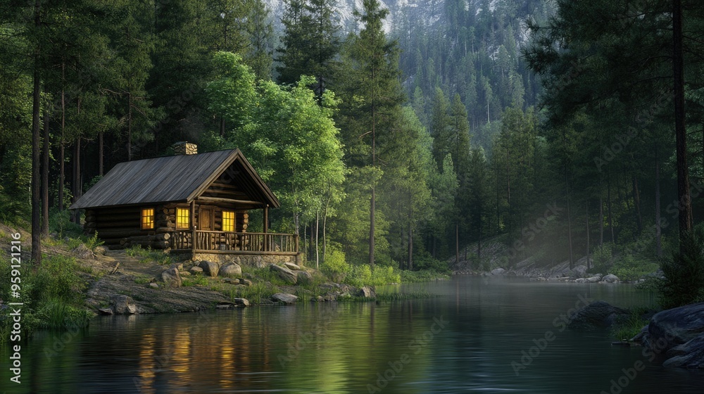 Cabin By River. Tranquil Log Bungalow in Solitude of Forest Cabin By River. Tranquil Log Bungalow in Solitude of Forest