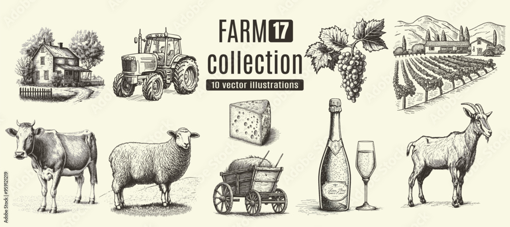 Obraz premium Farm animals, cows, rural houses. Hand drawn set.