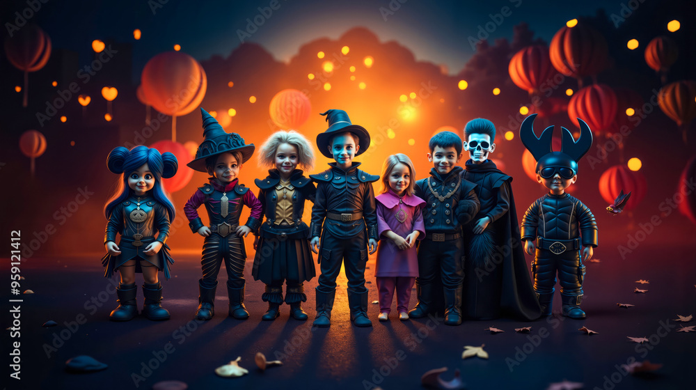 A group of children dressed up in halloween costumes standing in front of a dark background A group of children dressed up in halloween costumes standing in front of a dark background
