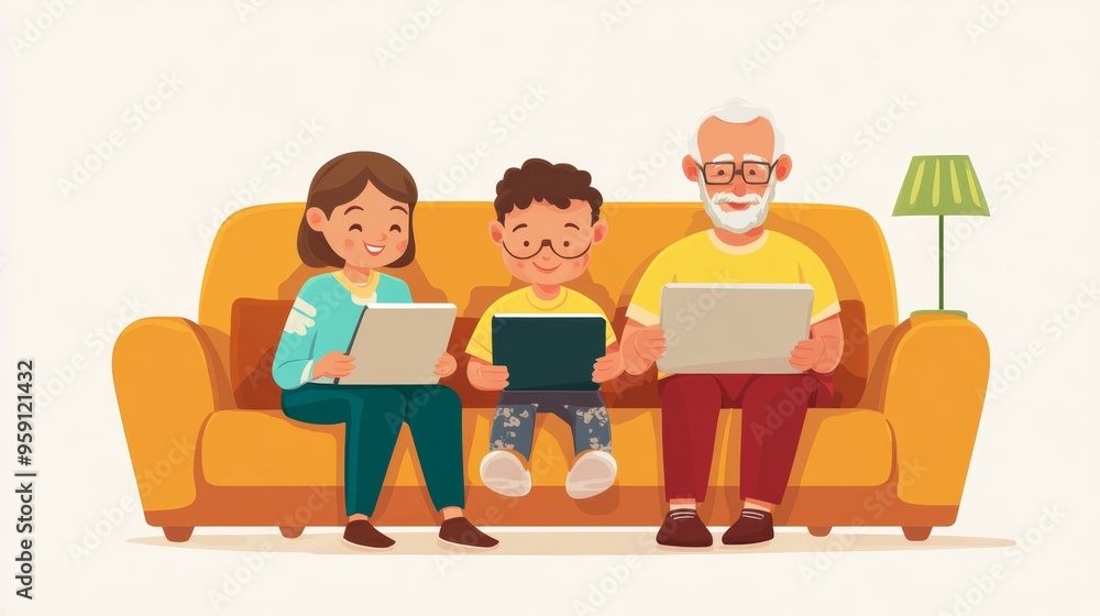 Happy grandparents and grandchildren engaged with technology on a cozy sofa Happy grandparents and grandchildren engaged with technology on a cozy sofa