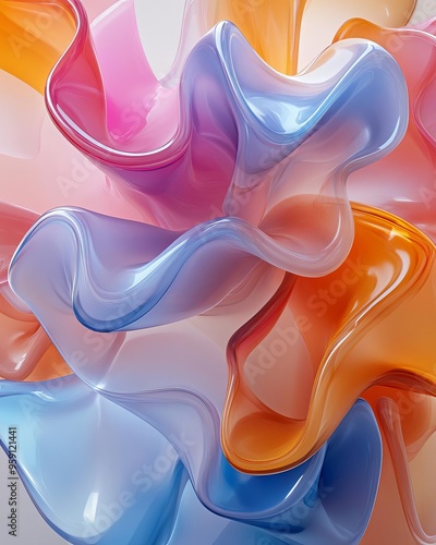 Wallpaper Mural Colorful translucent waves create an abstract design, showcasing fluid shapes and harmonious blends of pink, blue, and orange hues. Torontodigital.ca
