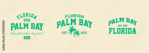 Set t-shirt stamps graphic, Florida logo travel wear typography emblem Palm Bay vintage tee print, sport apparel design shirt graphic print
