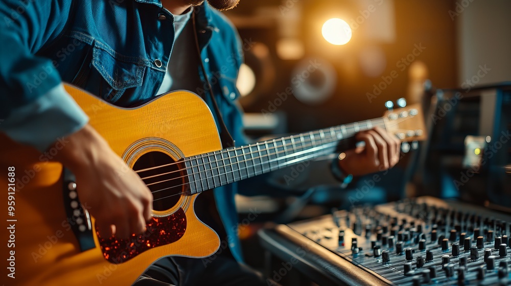 Naklejka premium An enginner using mixer for recording