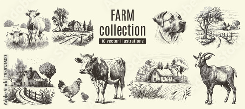 Rural meadow or countryside farm set. A village landscape with cows, goats and lamb, hills and a farm.