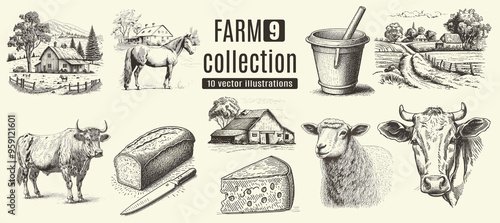 Rural meadow or countryside farm set. A village landscape with cows, goats and lamb, hills and a farm.