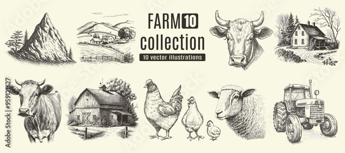 Rural meadow or countryside farm set. A village landscape with cows, goats and lamb, hills and a farm.