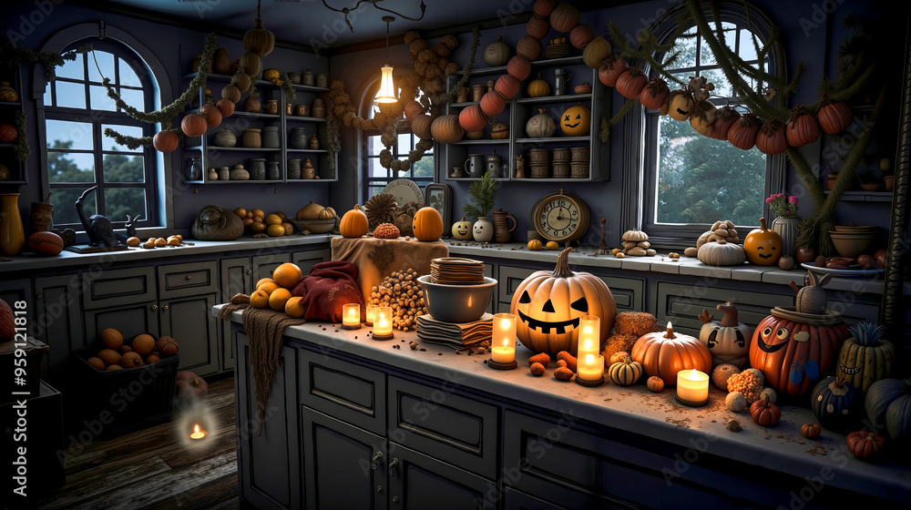 Obraz premium A kitchen filled with lots of pumpkins and candles