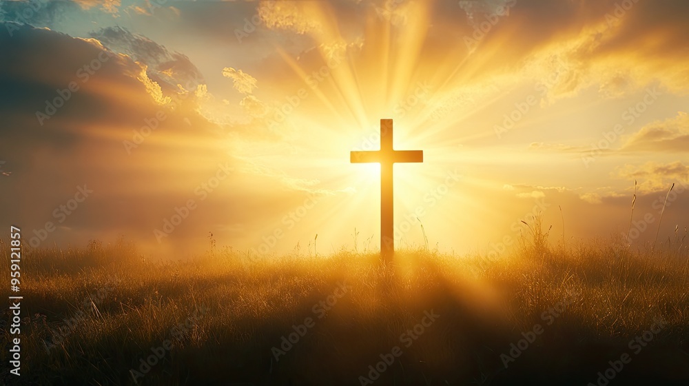 Fototapeta premium A cross standing in the rays of the sun, representing faith and spiritual awakening in a religious context.