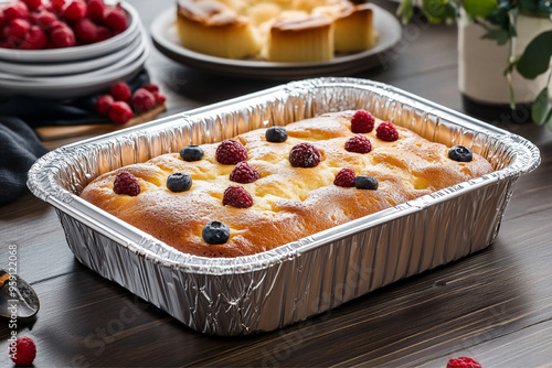 Disposable aluminum food container trays used for baking cakes. The trays are oven-safe, providing a convenient and reliable option for baking, with even heat distribution and easy cleanup.