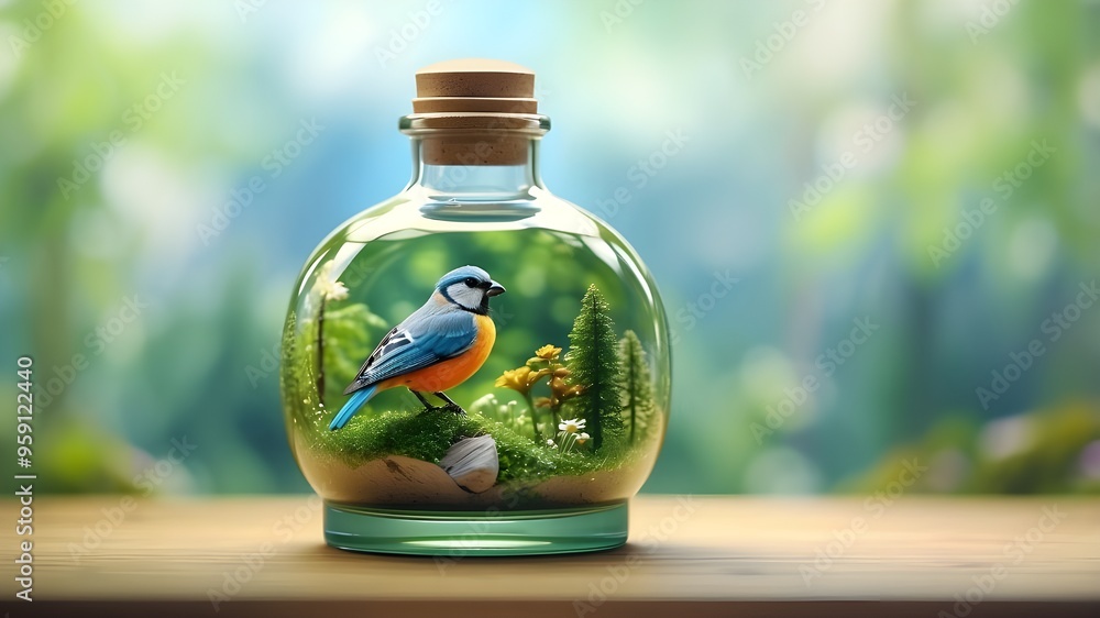 Imagine a glass bottle filled with a miniature landscape, complete with a charming bird that will steal your heart. The forest in the background is rendered in stunning 3D effect, with a natural color Imagine a glass bottle filled with a miniature landscape, complete with a charming bird that will steal your heart. The forest in the background is rendered in stunning 3D effect, with a natural color