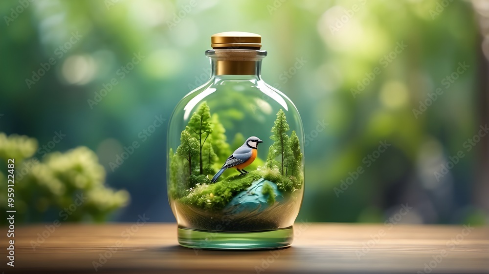Imagine a glass bottle filled with a miniature landscape, complete with a charming bird that will steal your heart. The forest in the background is rendered in stunning 3D effect, with a natural color Imagine a glass bottle filled with a miniature landscape, complete with a charming bird that will steal your heart. The forest in the background is rendered in stunning 3D effect, with a natural color
