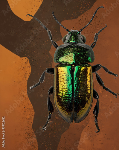 A green beetle with black legs and antennae stands on a brown background. dung beetle, bamboo beetle, longhorn beetle, scarab photo