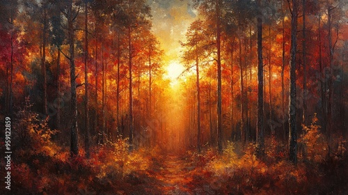 A Sunlit Pathway Through a Golden Autumn Forest