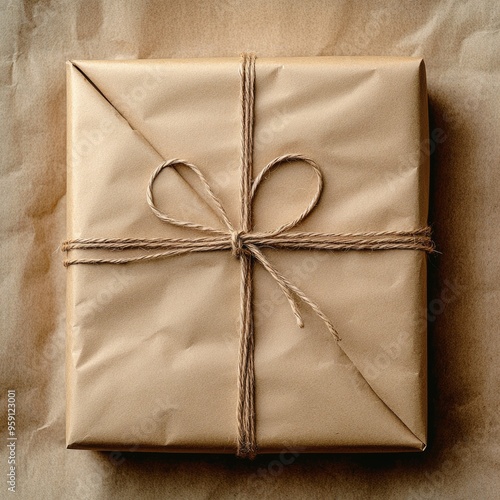 Light Kraft Paper. Modern Christmas Wrapping Style for Real Present in Cardboard Box