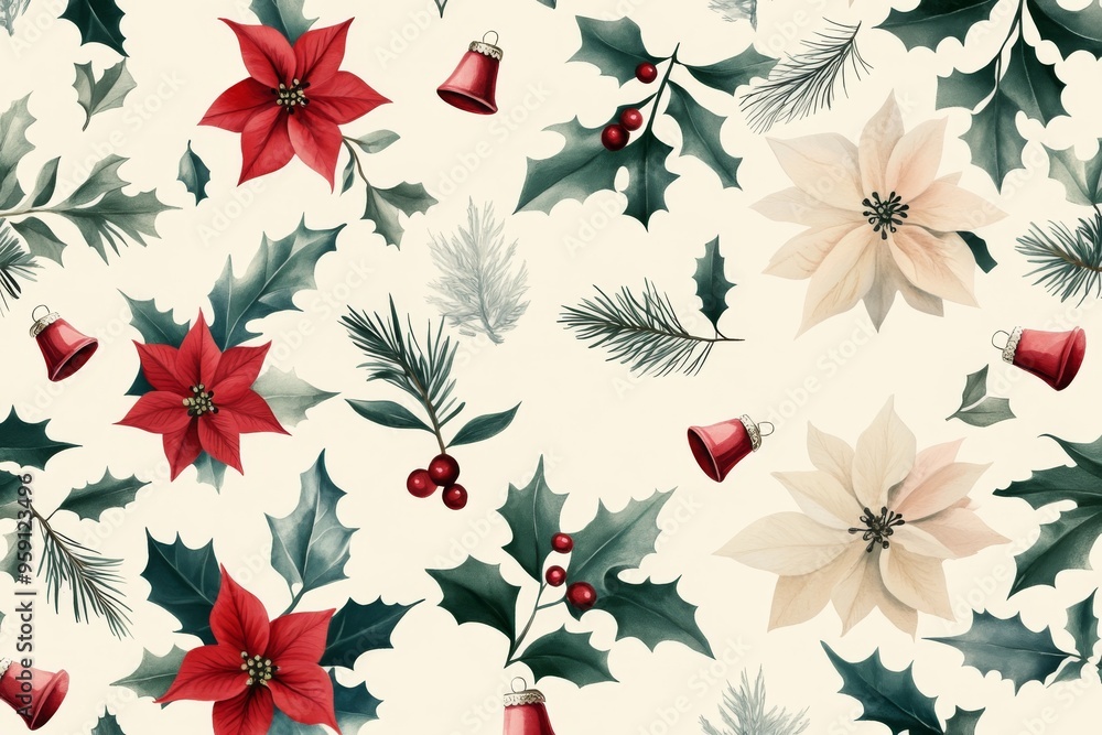 seamless pattern of christmas flowers, bells, and greenery in a modern minimalist style, with simple shapes and a limited color palette, suitable for a contemporary wallpaper or fabric design seamless pattern of christmas flowers, bells, and greenery in a modern minimalist style, with simple shapes and a limited color palette, suitable for a contemporary wallpaper or fabric design