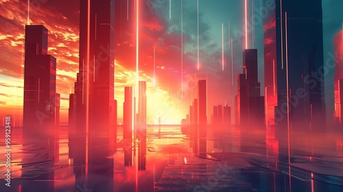 Futuristic Cityscape with Red and Orange Sunset