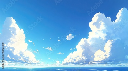 夏の空と入道雲のアニメ風イラスト  