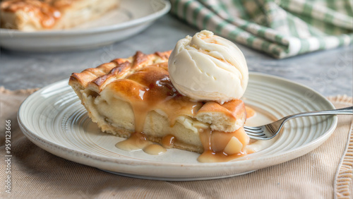 Delicious apple pie slice topped with vanilla ice cream and caramel drizzle on a rustic plate