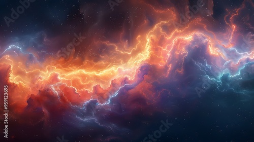 Abstract cosmic background with swirling clouds of gas and dust in red, orange, blue and white hues.