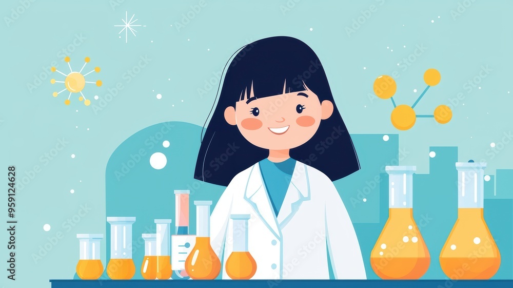 Young girl in lab coat, surrounded by glowing beakers, confident smile, flat design illustration Young girl in lab coat, surrounded by glowing beakers, confident smile, flat design illustration