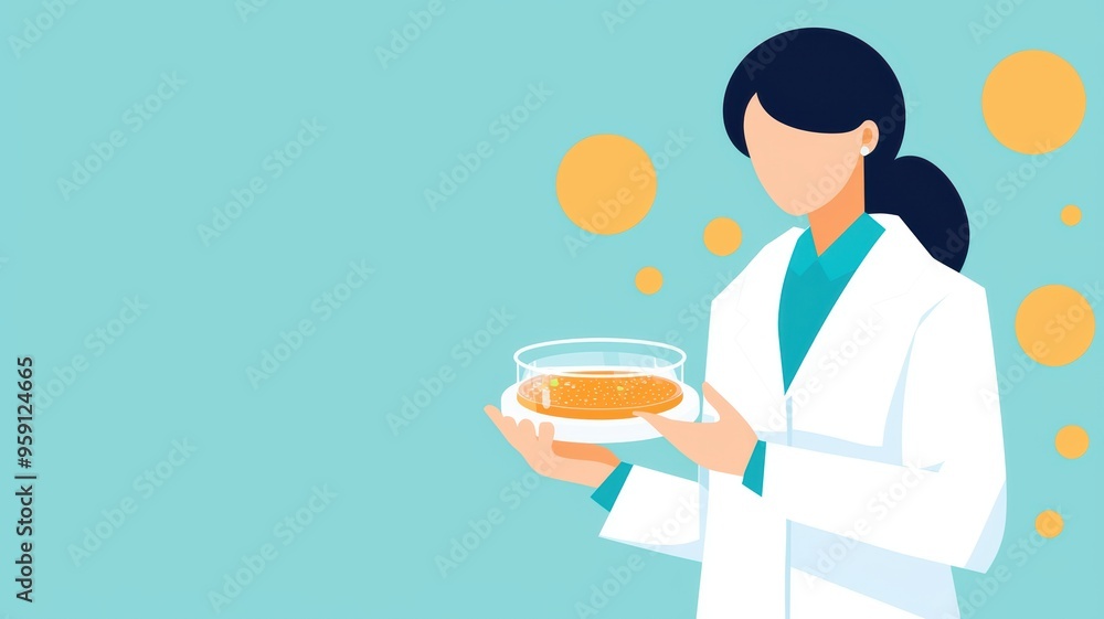 Girl scientist with a petri dish, lab glowing with warm, trendy lights, flat design illustration Girl scientist with a petri dish, lab glowing with warm, trendy lights, flat design illustration