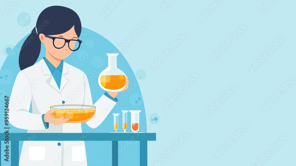 Girl scientist with a petri dish, lab glowing with warm, trendy lights, flat design illustration Girl scientist with a petri dish, lab glowing with warm, trendy lights, flat design illustration