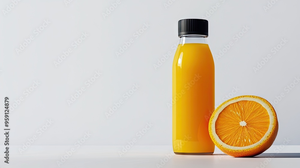 A juice bottle mockup with a half-cut orange on a pristine white background, highlighting the fresh and zesty flavor. A juice bottle mockup with a half-cut orange on a pristine white background, highlighting the fresh and zesty flavor.