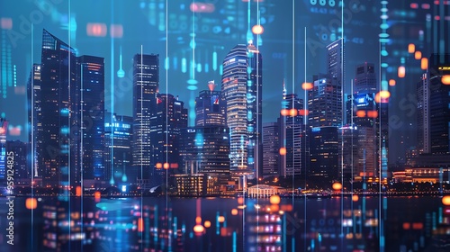 Nighttime Skyline of a Modern City with Digital Overlay