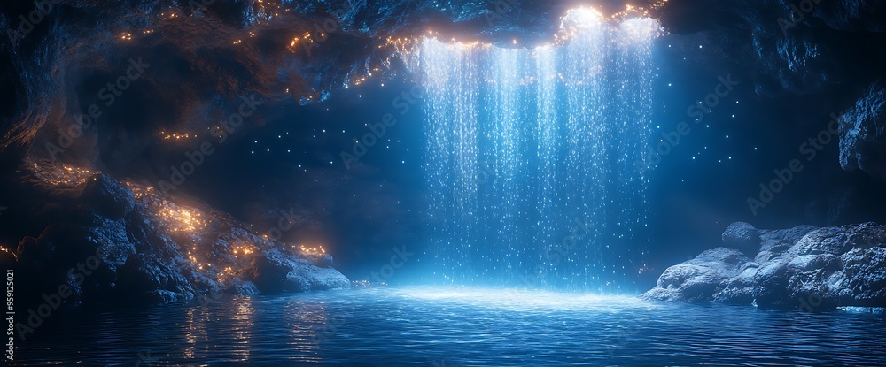 Mystical cave with glowing water and light beams. Mystical cave with glowing water and light beams.
