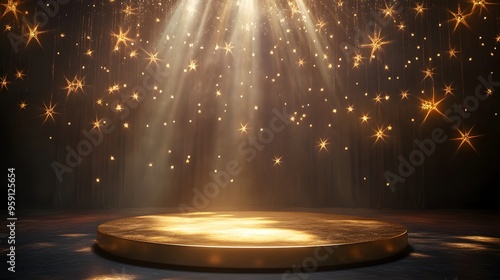 The golden stage is illuminated by light, with the top of it surrounded in a circular pattern and a podium at its center