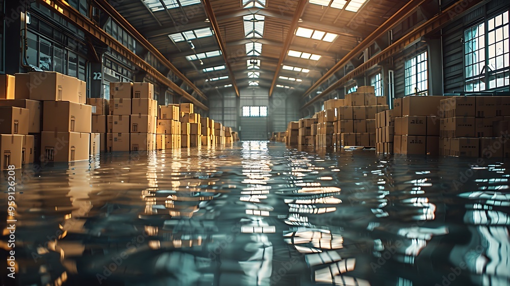 A flooded warehouse with cardboard boxes stacked on the floor. A flooded warehouse with cardboard boxes stacked on the floor.