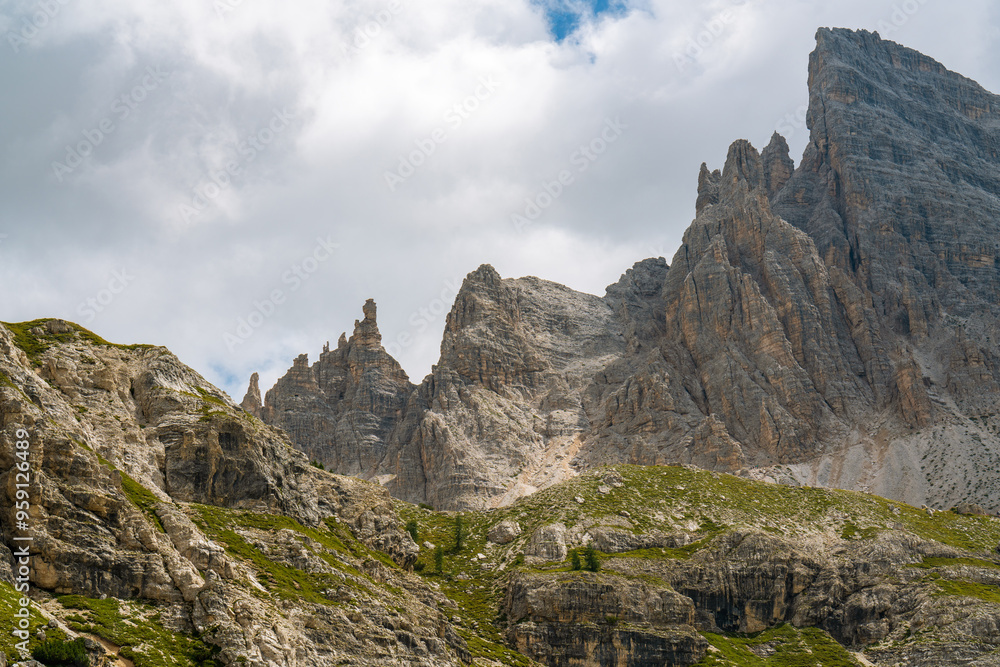 Fototapeta premium Peaks of majestic Dolomite Alps. Italy. Hiking, favorite destination for climbers, explorers.