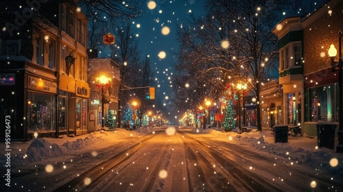 Snowy Small Town Street at Night with Christmas Lights