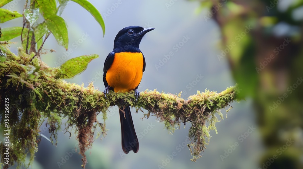 Fototapeta premium Colorful Baltimore oriole perched on moss-covered branch in forest, copy space
