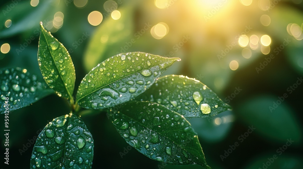 Dew Drops on Green Leaves in Warm Sunlight Dew Drops on Green Leaves in Warm Sunlight