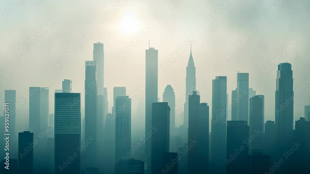 A foggy morning cityscape with towering skyscrapers, perfect for illustrating urban living, modern architecture, and Earth Day themes A foggy morning cityscape with towering skyscrapers, perfect for illustrating urban living, modern architecture, and Earth Day themes