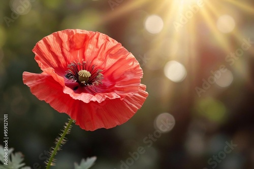 Remembrance Day (Commonwealth countries). A close-up photo of a single red poppy flower, symbolizing remembrance and honoring fallen soldiers. photo