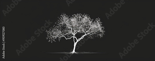 A simple white line drawing on a black background of a tree with branches and leaves. The minimalist design creates a striking and elegant natural scene. photo