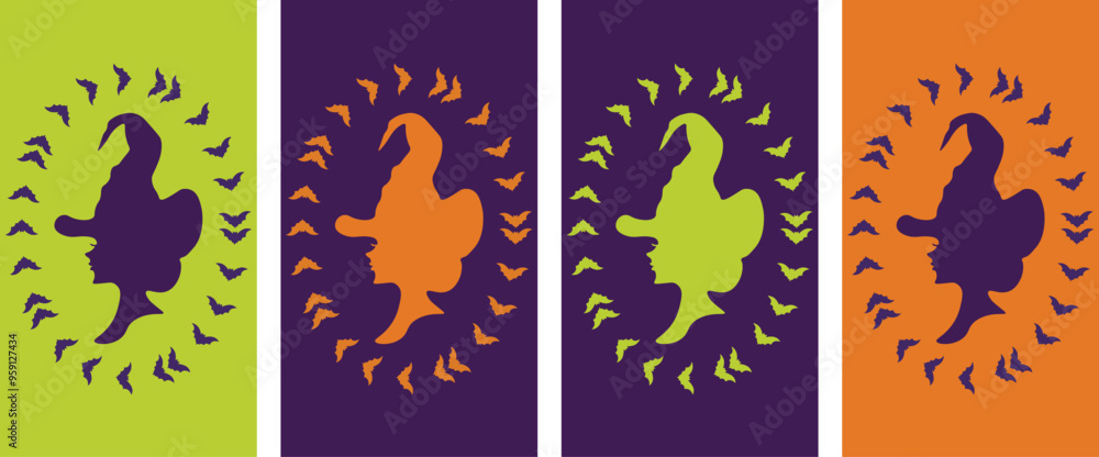 Witches set, phone wallpaper. Bats frame. Halloween concept. Vector illustration. Trendy background.