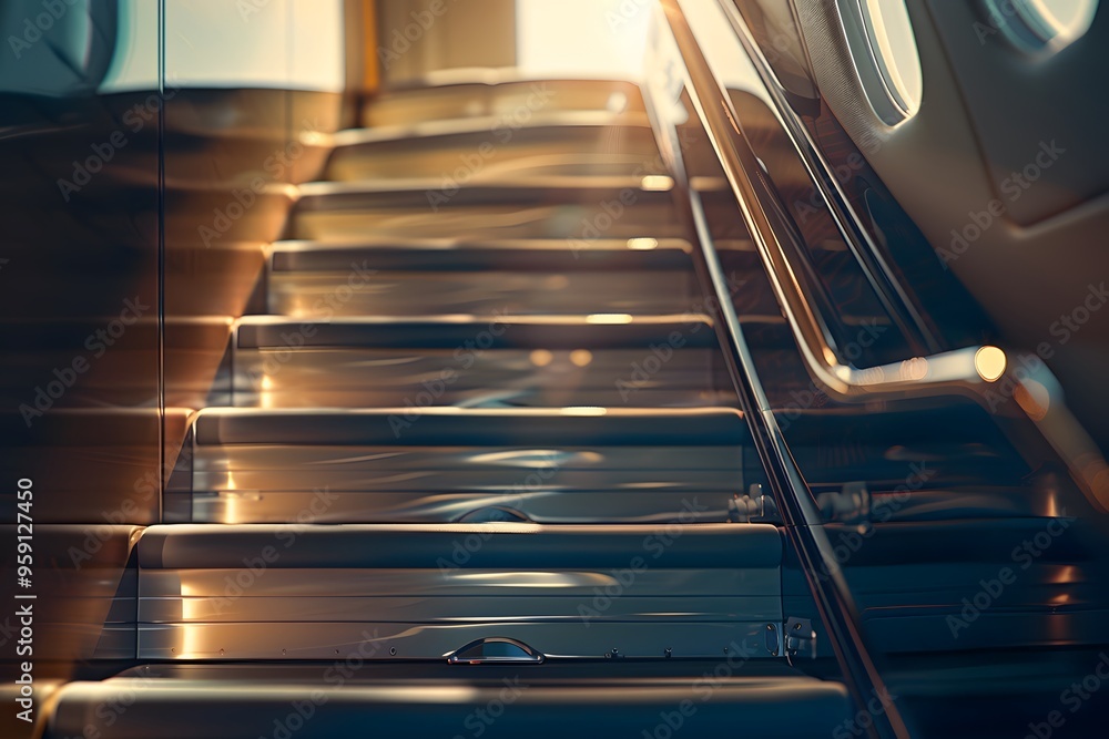 A close-up of a private jet with elegantly designed stairs leading up to the door, bathed in sunlight streaming through a window on the side A close-up of a private jet with elegantly designed stairs leading up to the door, bathed in sunlight streaming through a window on the side