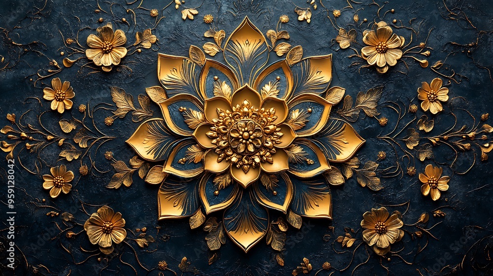 Gold and blue floral pattern on dark background. Gold and blue floral pattern on dark background.
