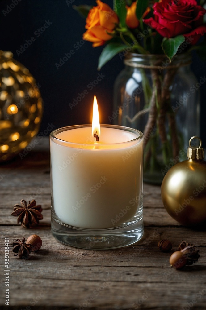Beautiful Candle Standing on a Festive Table, Creating a Cozy Christmas Atmosphere Beautiful Candle Standing on a Festive Table, Creating a Cozy Christmas Atmosphere
