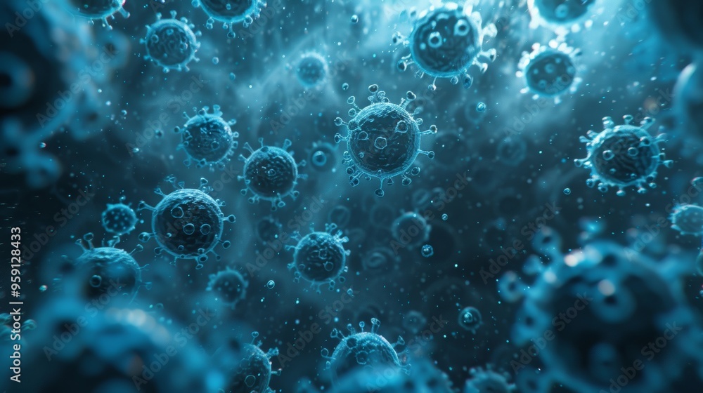 Abstract background with virus cells and circular shapes featuring a blue coronavirus illustration Abstract background with virus cells and circular shapes featuring a blue coronavirus illustration