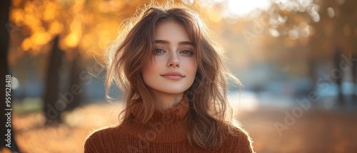 Young Woman in a Brown Sweater Posing Outdoors in Autumn photo